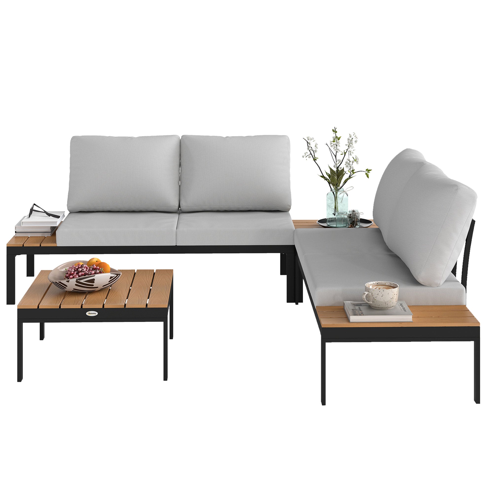 4-Piece Garden Lounge Set, with 2 2-Seater Outdoor Loveseats and 2 Square Coffee Tables in Wood and Removable Cushions, Metal and Composite Wood Furniture Set, Teak