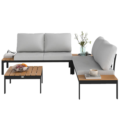 4-Piece Garden Lounge Set, with 2 2-Seater Outdoor Loveseats and 2 Square Coffee Tables in Wood and Removable Cushions, Metal and Composite Wood Furniture Set, Teak