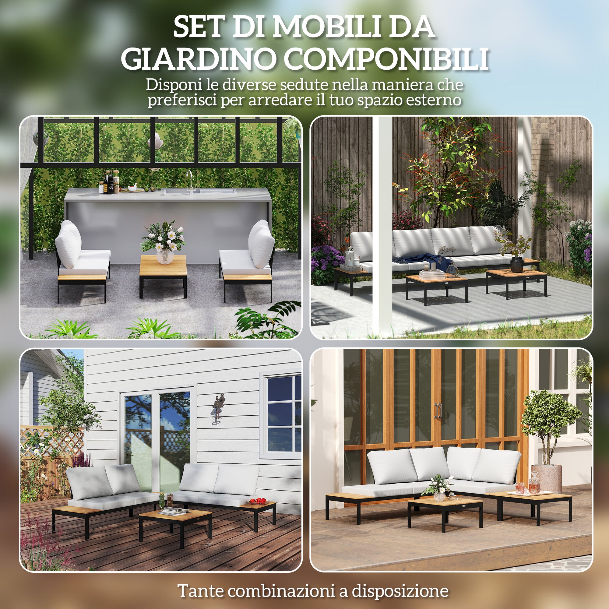 4-Piece Garden Lounge Set, with 2 2-Seater Outdoor Loveseats and 2 Square Coffee Tables in Wood and Removable Cushions, Metal and Composite Wood Furniture Set, Teak