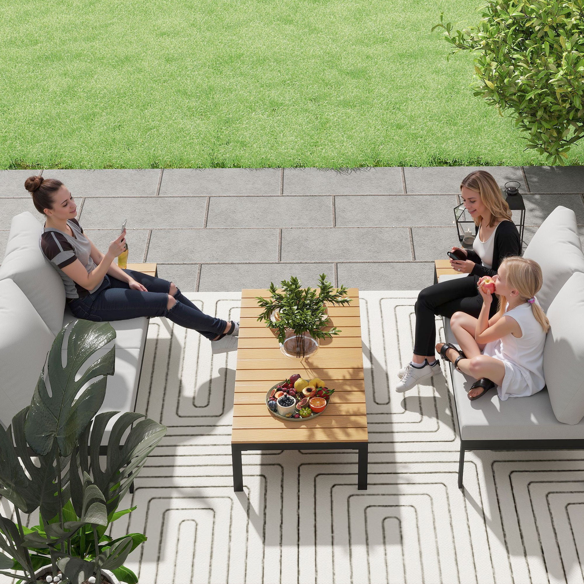 4-Piece Garden Lounge Set, with 2 2-Seater Outdoor Loveseats and 2 Square Coffee Tables in Wood and Removable Cushions, Metal and Composite Wood Furniture Set, Teak