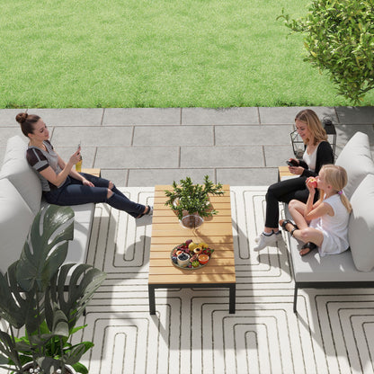 4-Piece Garden Lounge Set, with 2 2-Seater Outdoor Loveseats and 2 Square Coffee Tables in Wood and Removable Cushions, Metal and Composite Wood Furniture Set, Teak