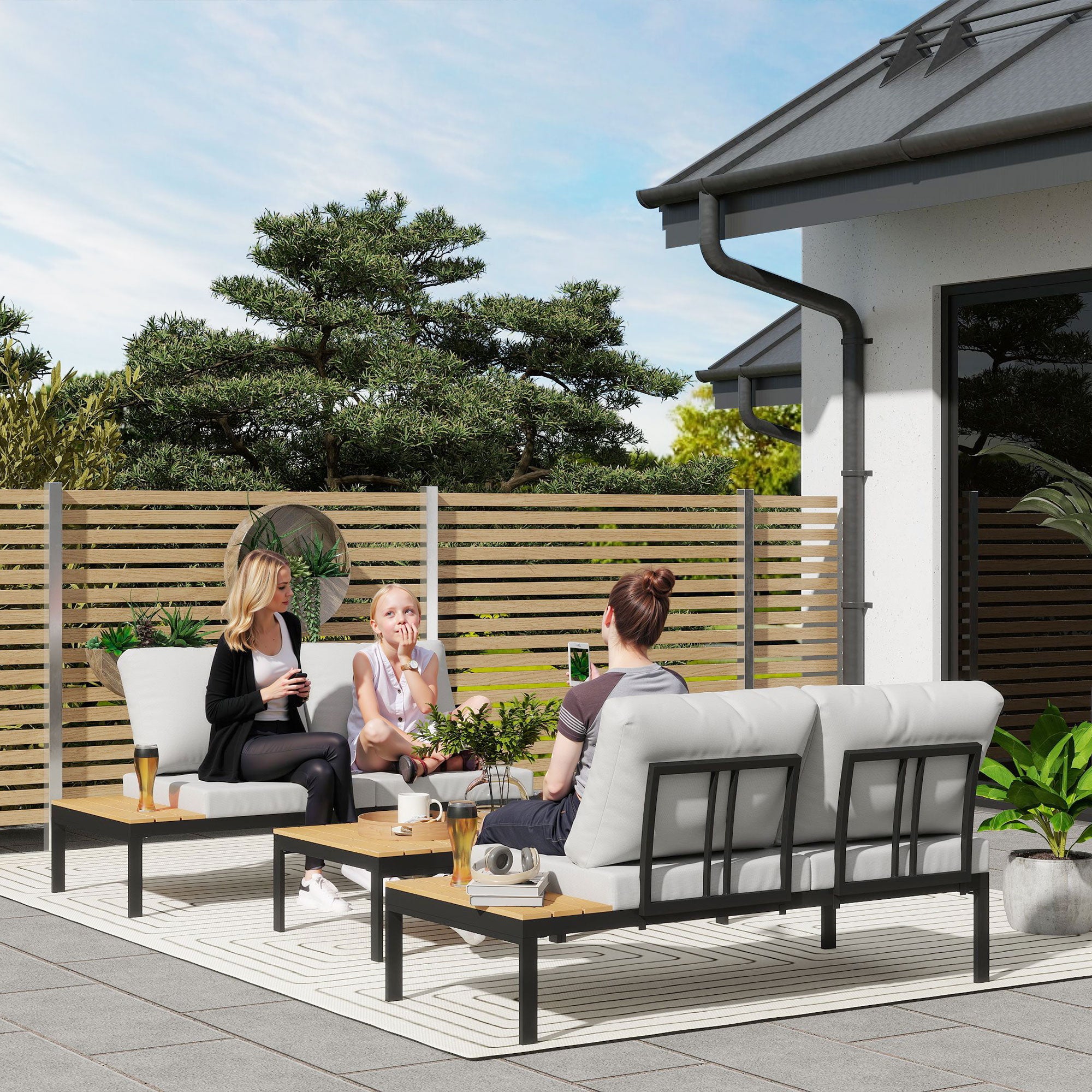 4-Piece Garden Lounge Set, with 2 2-Seater Outdoor Loveseats and 2 Square Coffee Tables in Wood and Removable Cushions, Metal and Composite Wood Furniture Set, Teak