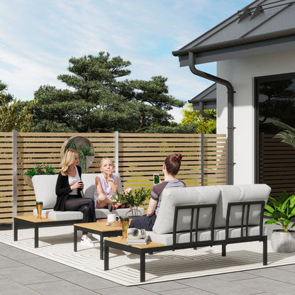 4-Piece Garden Lounge Set, with 2 2-Seater Outdoor Loveseats and 2 Square Coffee Tables in Wood and Removable Cushions, Metal and Composite Wood Furniture Set, Teak