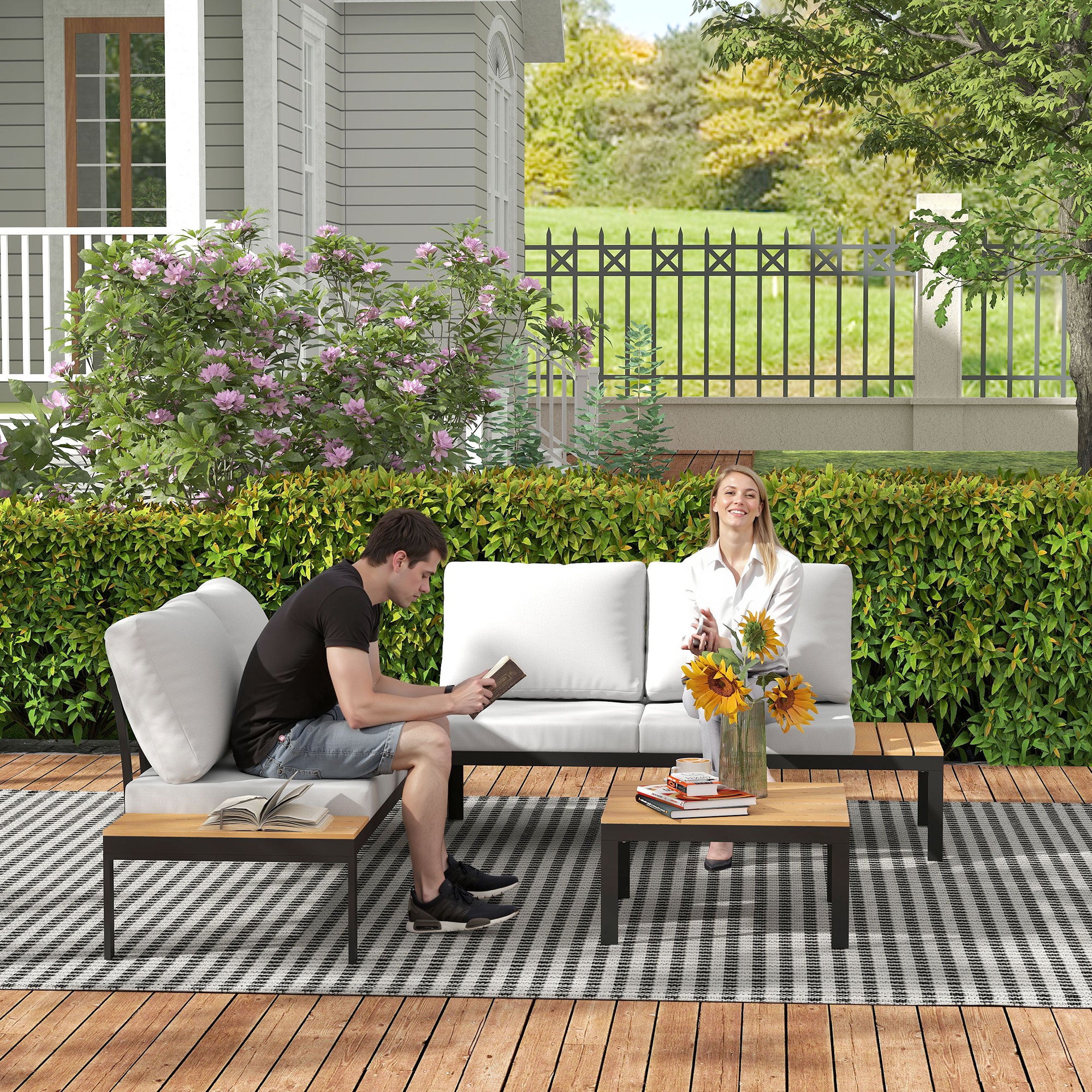 4-Piece Garden Lounge Set, with 2 2-Seater Outdoor Loveseats and 2 Square Coffee Tables in Wood and Removable Cushions, Metal and Composite Wood Furniture Set, Teak