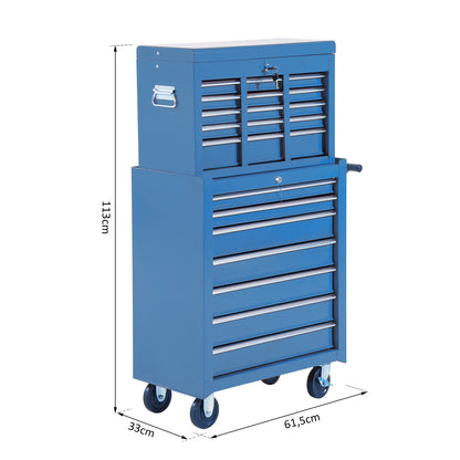 Workshop Trolley with Tool Chest, Lockable Tool Cart with Drawers, Tool Compartment, Keys, and Anti-slip Mats, Blue