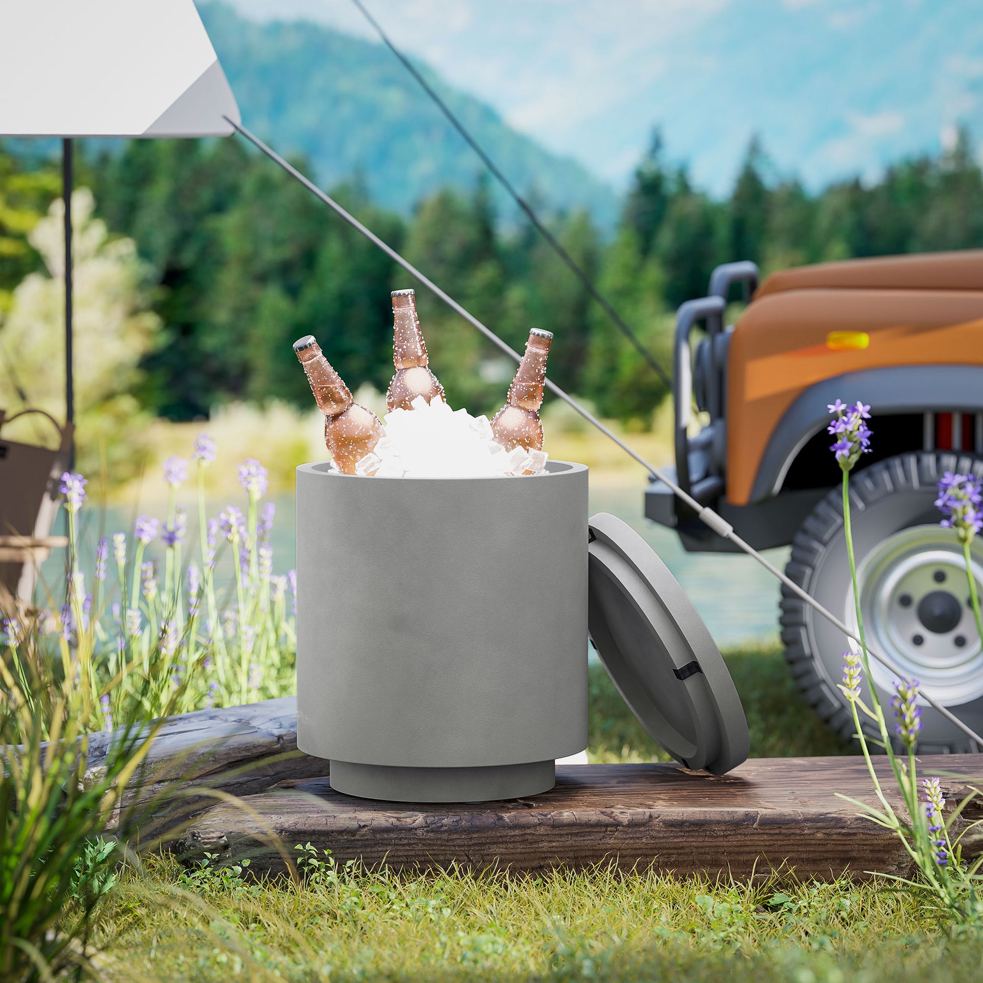 Cool Bar Side Table with Removable Tabletop 10L Drink Cooler, Bistro Table Small Patio Table for Party, Camping, Light Gray