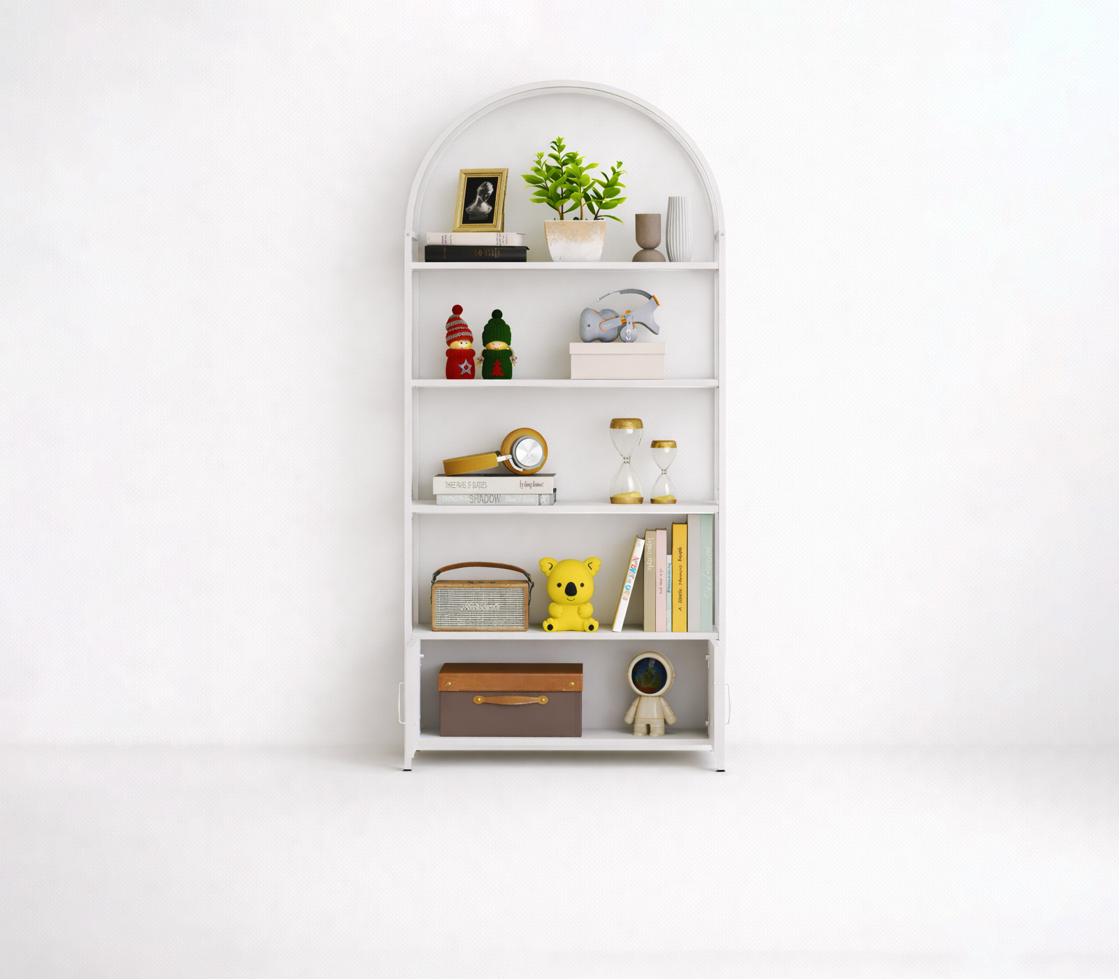 White bookshelf with decorative items on a white background