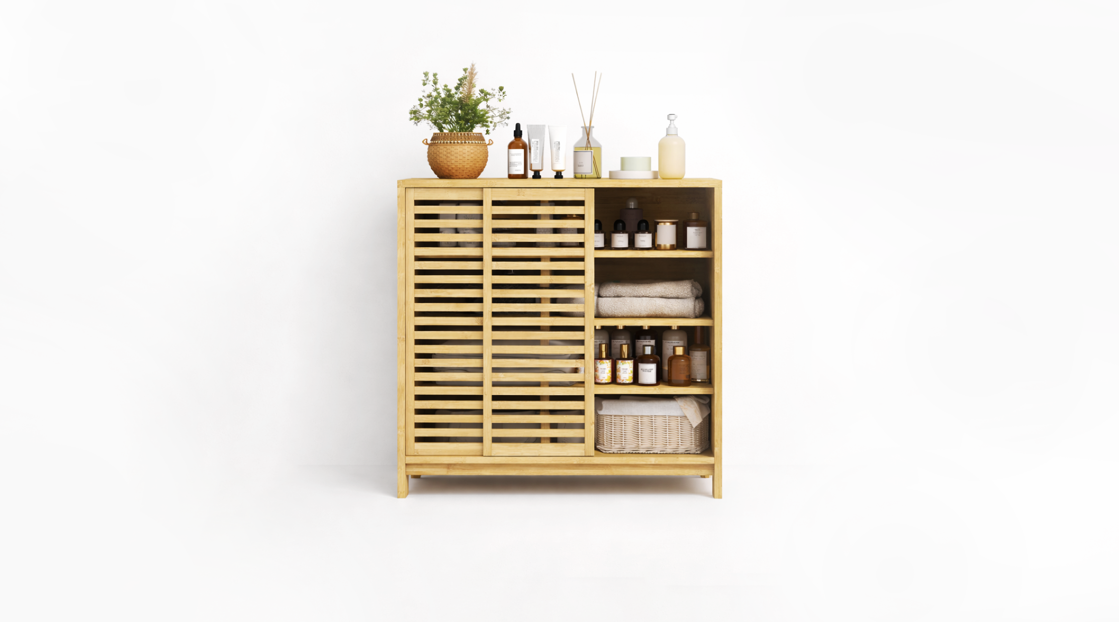 Wooden cabinet with shelves and decorative items on a white background