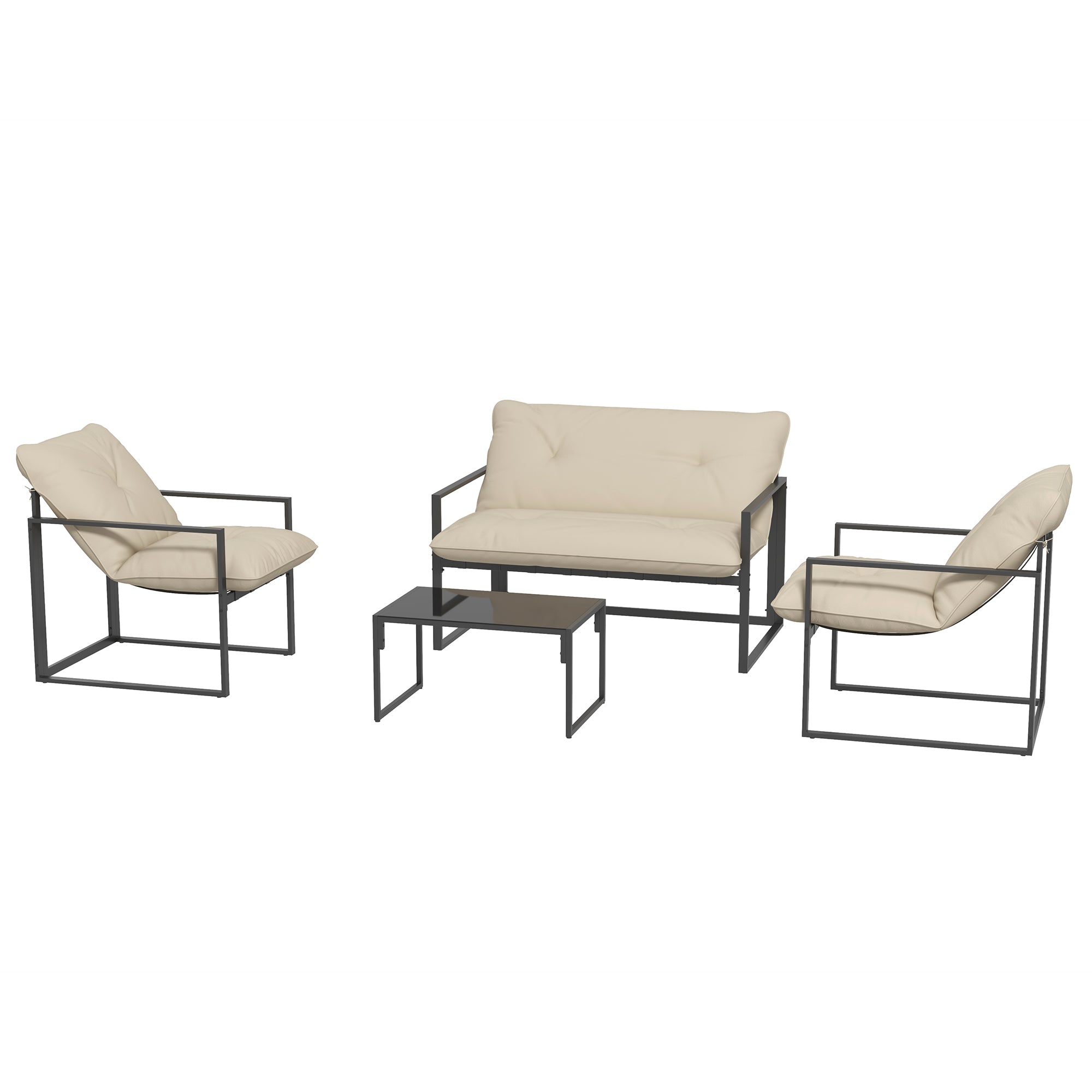 4-Piece Outdoor Garden Furniture Set for 4 People with 2-Seater Sofa, 2 Armchairs, and 1 Coffee Table 3 Thick Cushions Patio Furniture Set for Terrace Garden - Black Steel Beige Polyester