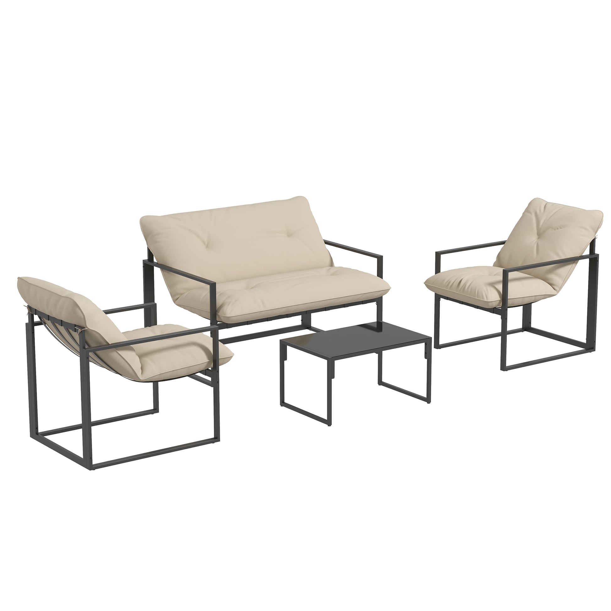 4-Piece Outdoor Garden Furniture Set for 4 People with 2-Seater Sofa, 2 Armchairs, and 1 Coffee Table 3 Thick Cushions Patio Furniture Set for Terrace Garden - Black Steel Beige Polyester