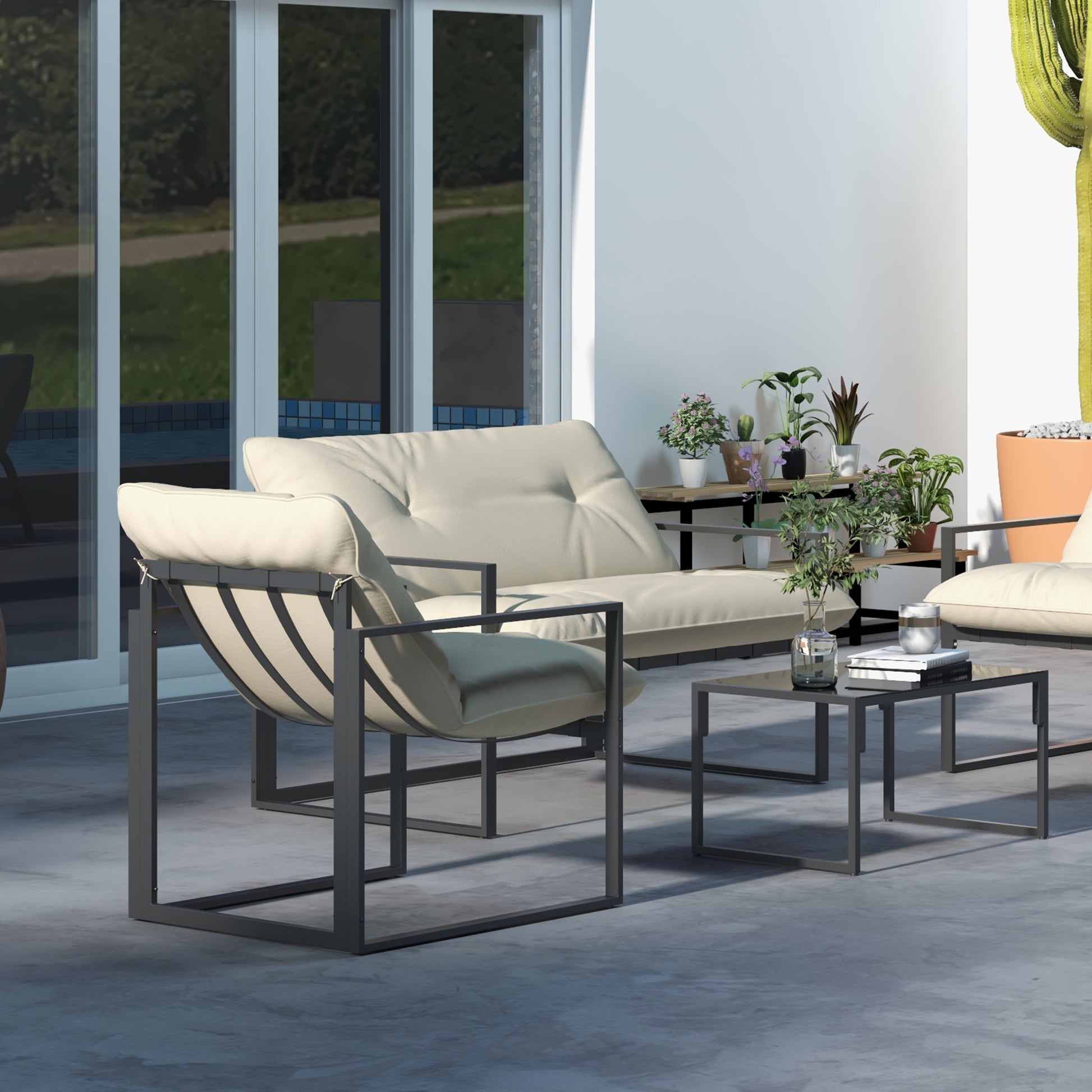 4-Piece Outdoor Garden Furniture Set for 4 People with 2-Seater Sofa, 2 Armchairs, and 1 Coffee Table 3 Thick Cushions Patio Furniture Set for Terrace Garden - Black Steel Beige Polyester