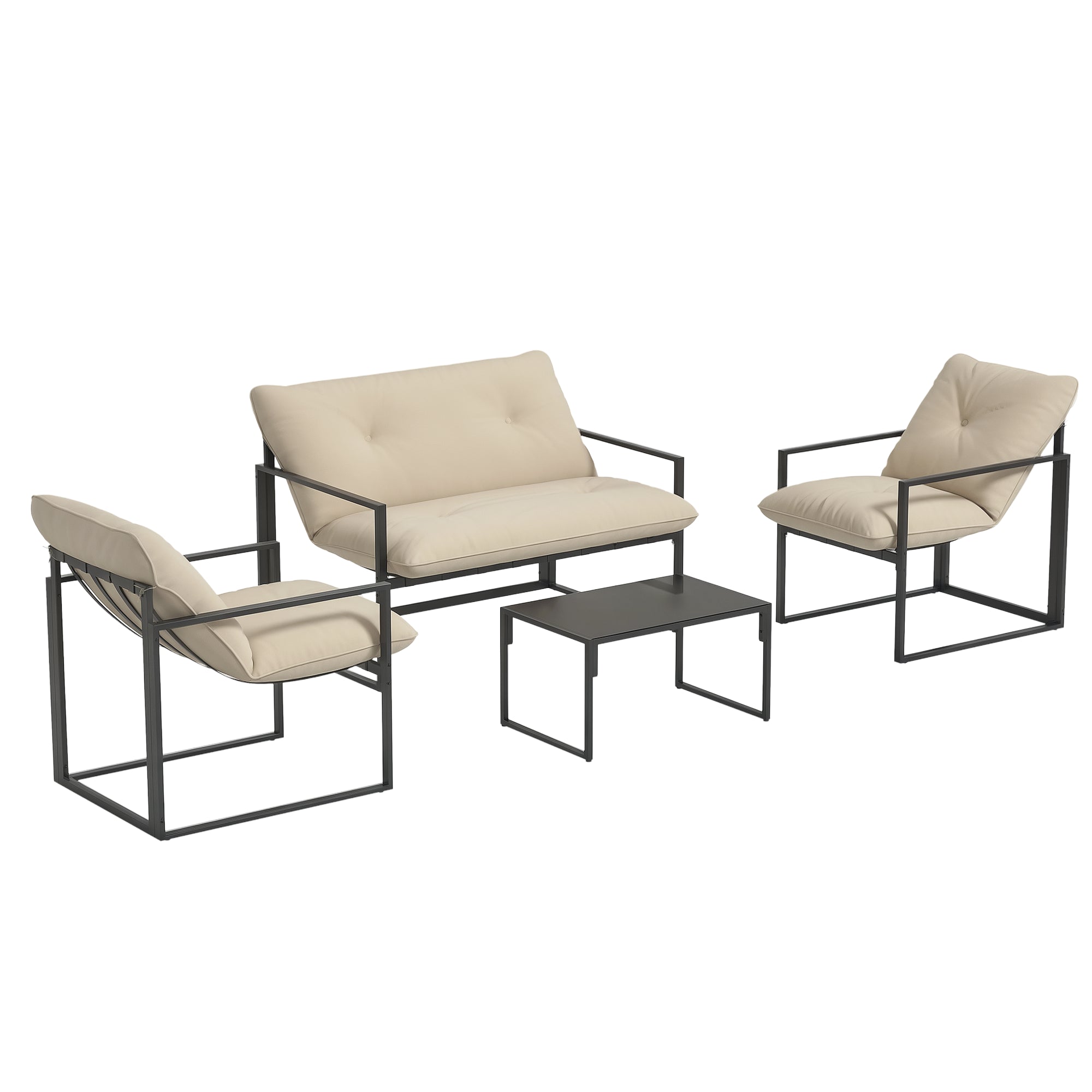 4-Piece Outdoor Garden Furniture Set for 4 People with 2-Seater Sofa, 2 Armchairs, and 1 Coffee Table 3 Thick Cushions Patio Furniture Set for Terrace Garden - Black Steel Beige Polyester