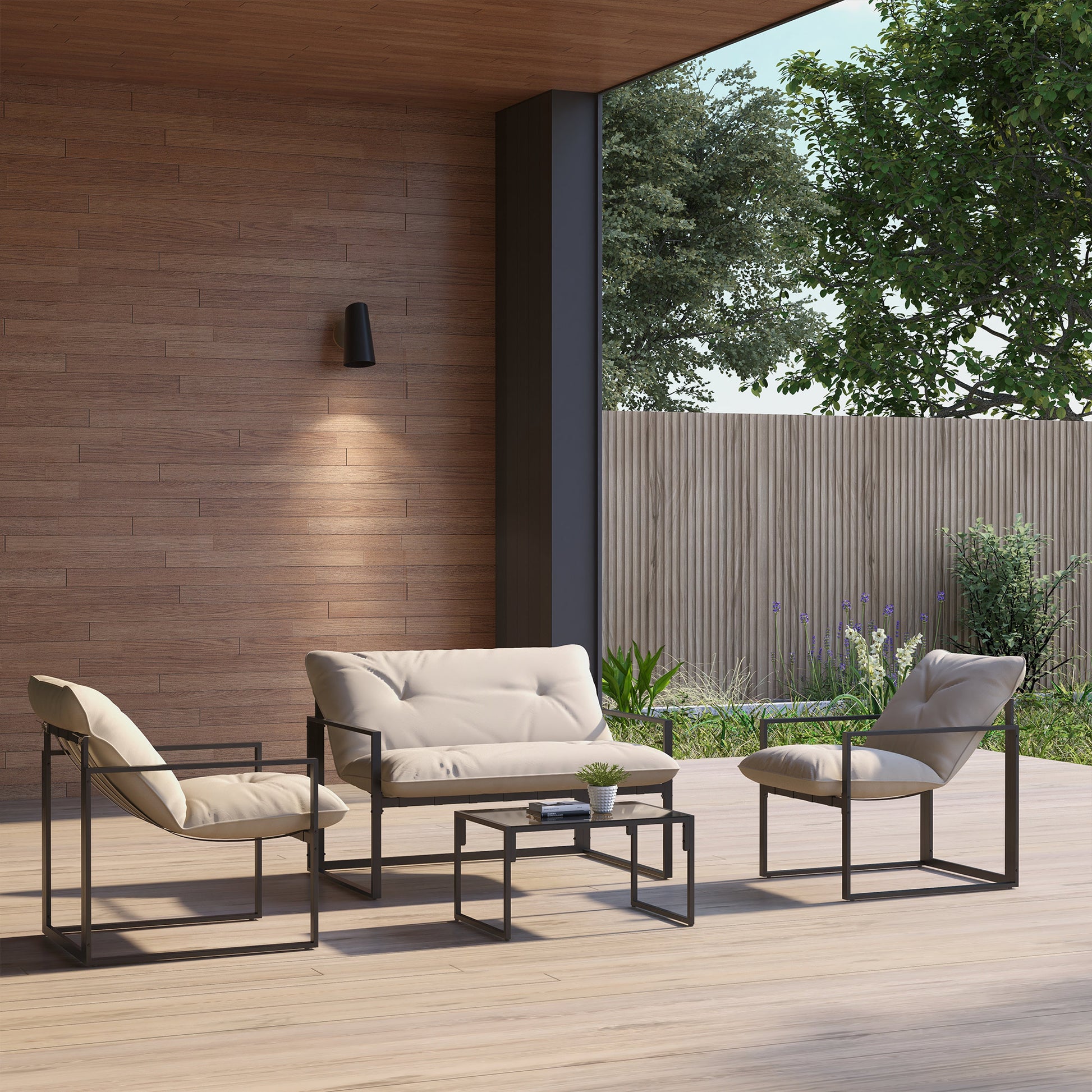 4-Piece Outdoor Garden Furniture Set for 4 People with 2-Seater Sofa, 2 Armchairs, and 1 Coffee Table 3 Thick Cushions Patio Furniture Set for Terrace Garden - Black Steel Beige Polyester