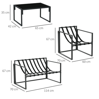 4-Piece Outdoor Garden Furniture Set for 4 People with 2-Seater Sofa, 2 Armchairs, and 1 Coffee Table 3 Thick Cushions Patio Furniture Set for Terrace Garden - Black Steel Beige Polyester