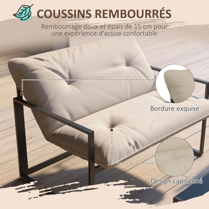 4-Piece Outdoor Garden Furniture Set for 4 People with 2-Seater Sofa, 2 Armchairs, and 1 Coffee Table 3 Thick Cushions Patio Furniture Set for Terrace Garden - Black Steel Beige Polyester