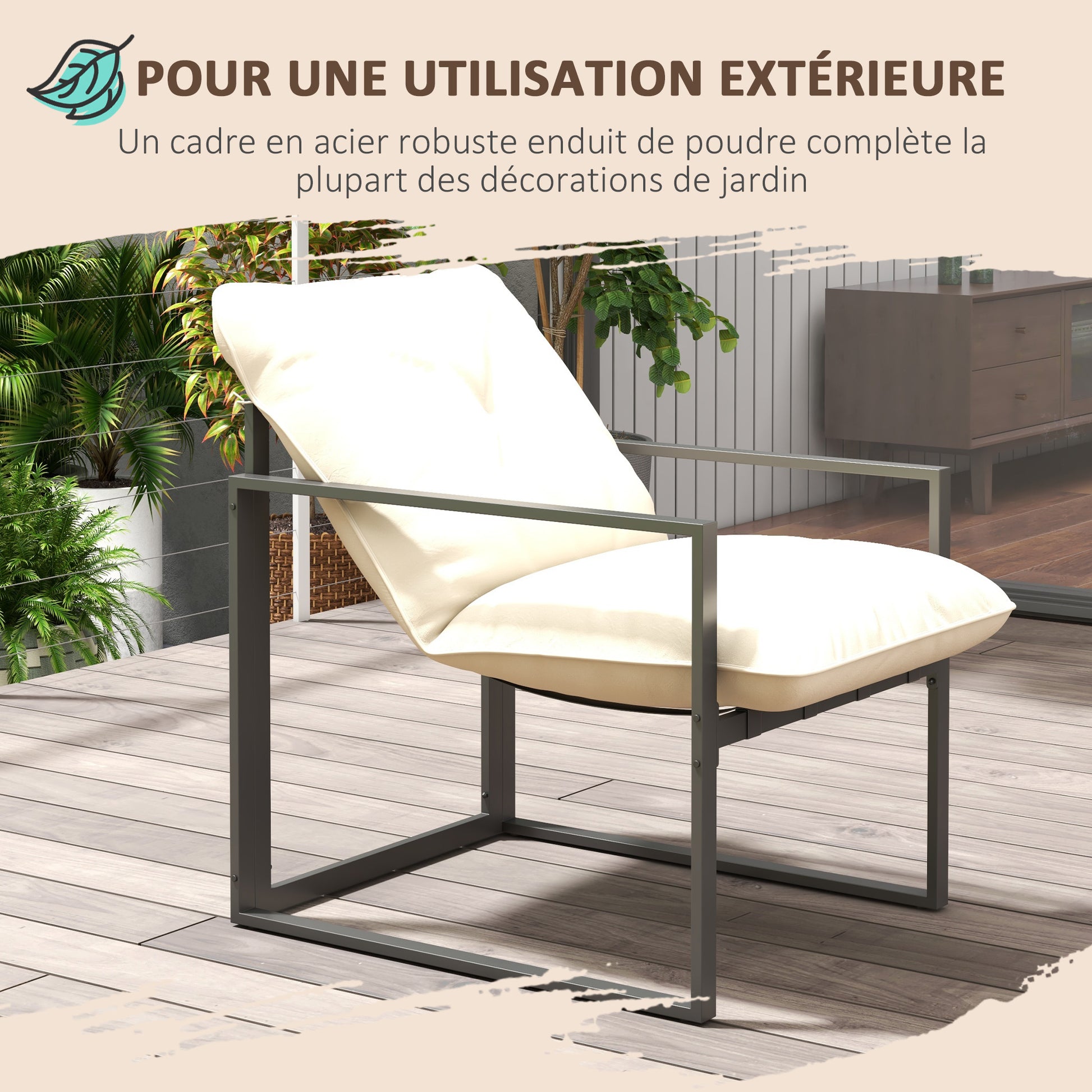 4-Piece Outdoor Garden Furniture Set for 4 People with 2-Seater Sofa, 2 Armchairs, and 1 Coffee Table 3 Thick Cushions Patio Furniture Set for Terrace Garden - Black Steel Beige Polyester