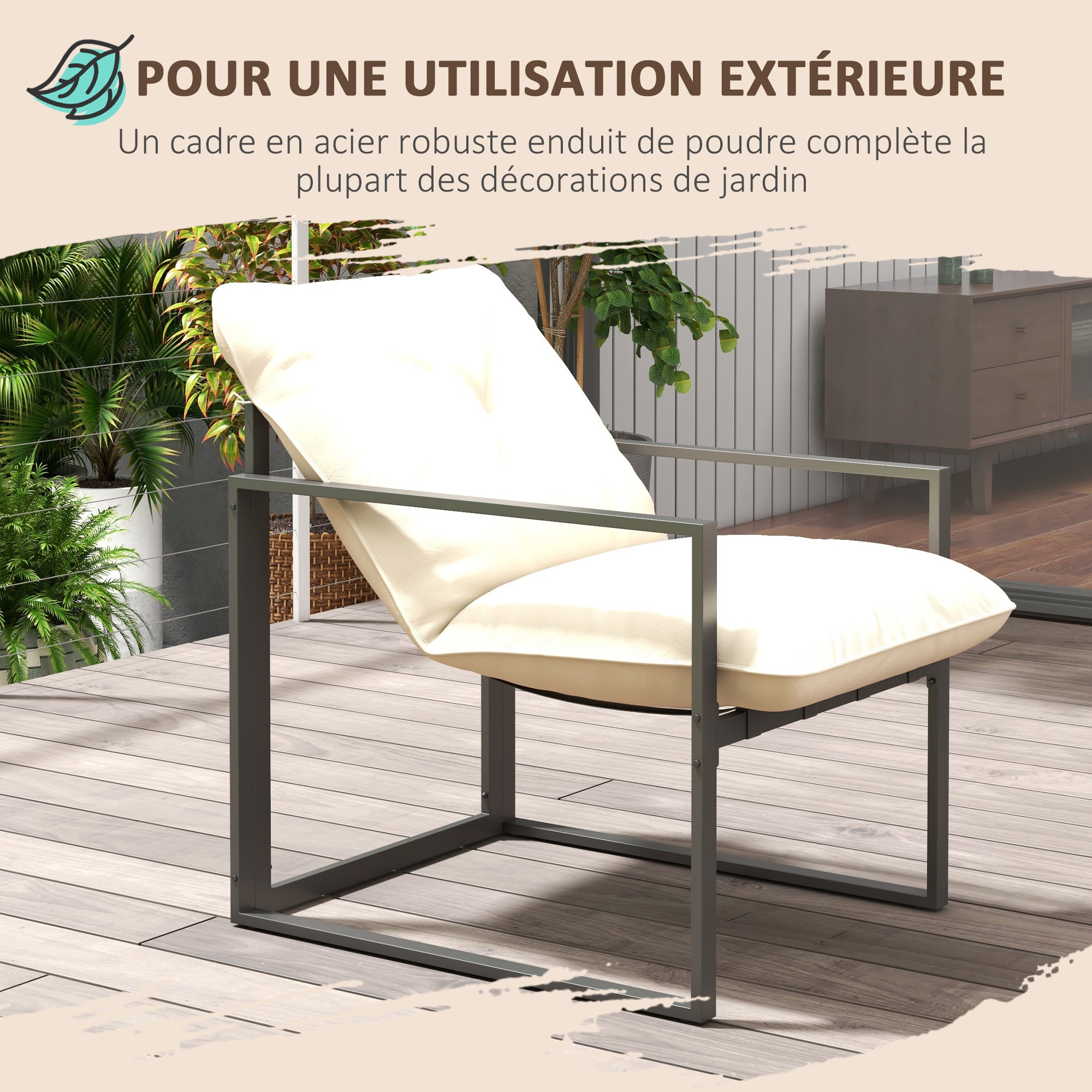 4-Piece Outdoor Garden Furniture Set for 4 People with 2-Seater Sofa, 2 Armchairs, and 1 Coffee Table 3 Thick Cushions Patio Furniture Set for Terrace Garden - Black Steel Beige Polyester