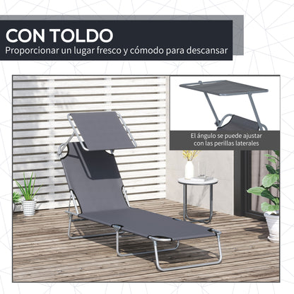 Foldable Garden Lounger Sun Lounger with Removable Adjustable Canopy and Reclining Backrest for Terrace Camping Outdoor 187x58x36 cm Gray