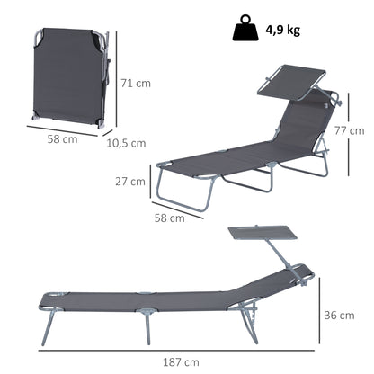 Foldable Garden Lounger Sun Lounger with Removable Adjustable Canopy and Reclining Backrest for Terrace Camping Outdoor 187x58x36 cm Gray
