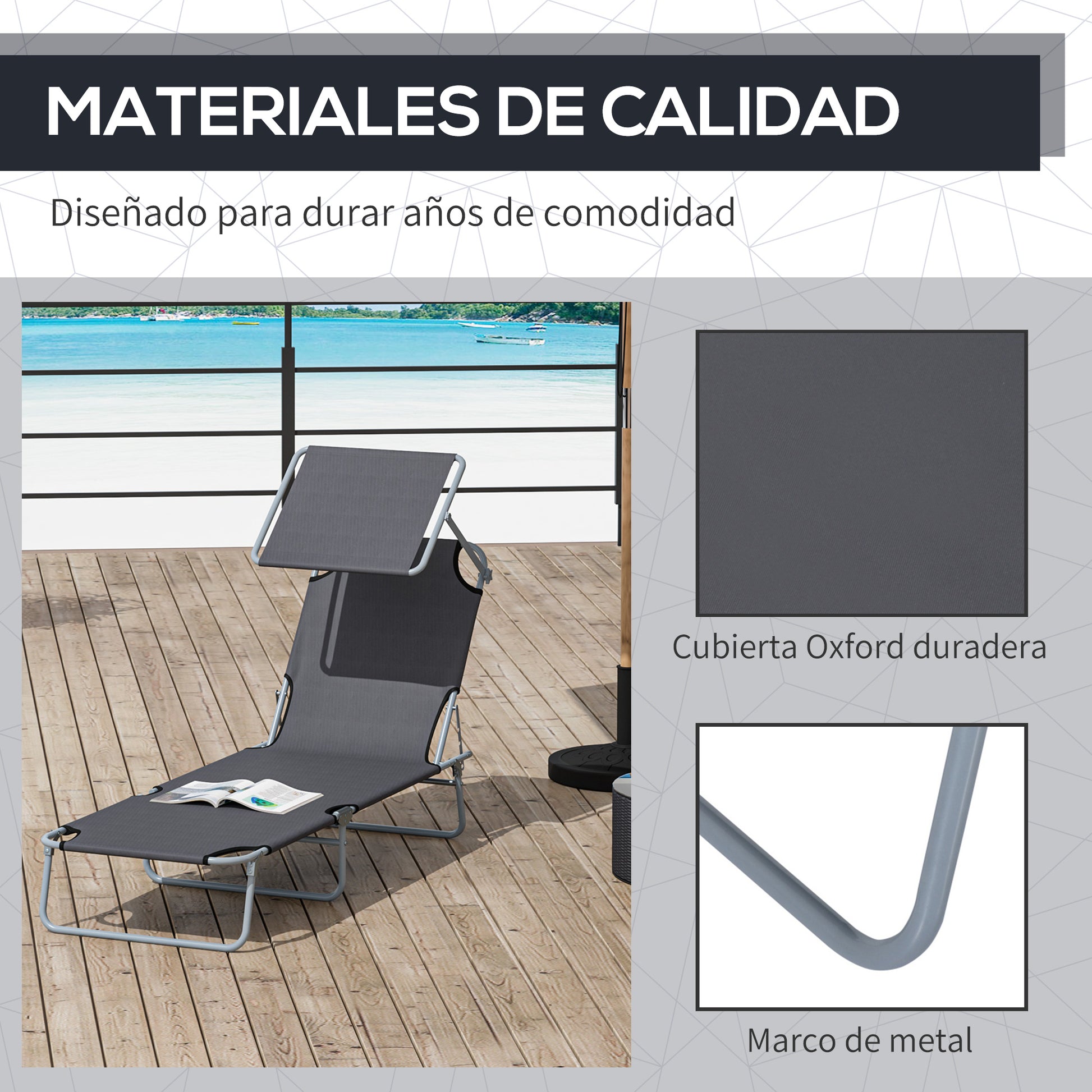 Foldable Garden Lounger Sun Lounger with Removable Adjustable Canopy and Reclining Backrest for Terrace Camping Outdoor 187x58x36 cm Gray