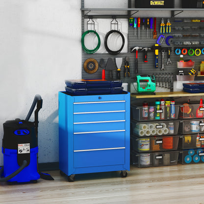 Mobile Tool Box Cart with 5 Drawers 4 Wheels Lockable Blue