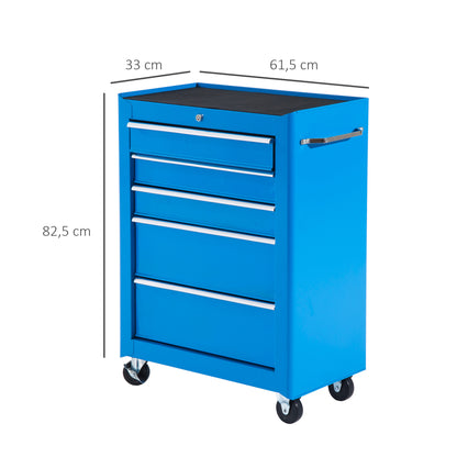 Mobile Tool Box Cart with 5 Drawers 4 Wheels Lockable Blue