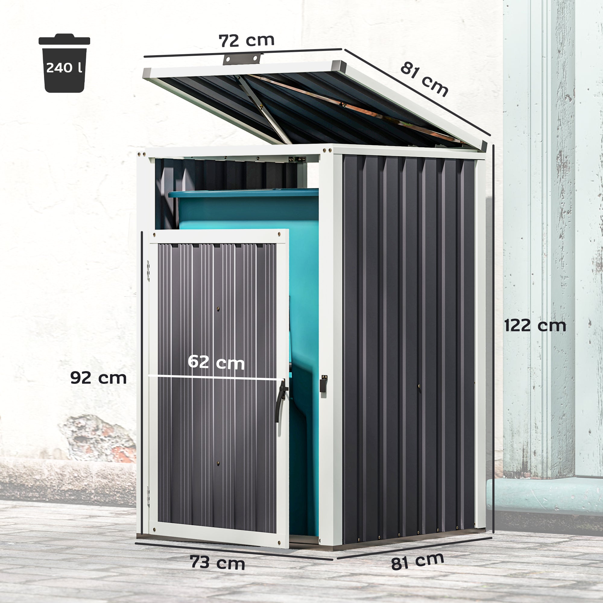 240L Outdoor Trash Can Cover, Single trash can cover, door with handle, 180° flip-top lid, galvanized steel, 73 x 81 x 122 cm, dark gray