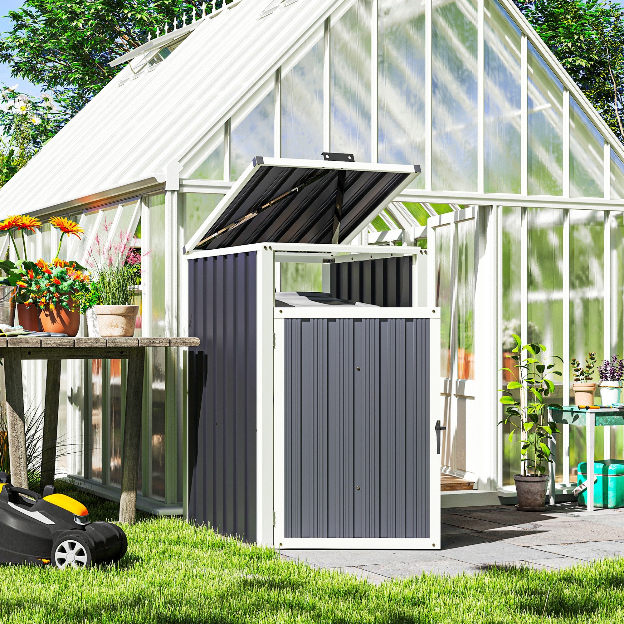 240L Outdoor Trash Can Cover, Single trash can cover, door with handle, 180° flip-top lid, galvanized steel, 73 x 81 x 122 cm, dark gray
