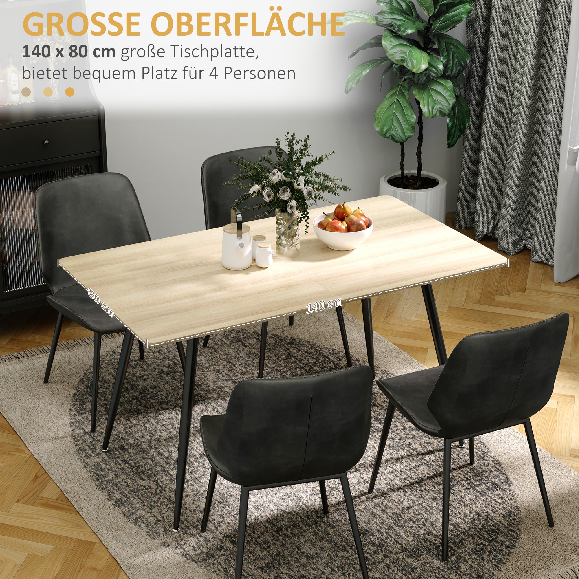 Dining Table Kitchen Table for 4 Persons, Dining Table, Living Room Table with Wood Look, Steel Legs, 140 x 80 x 76 cm, Natural