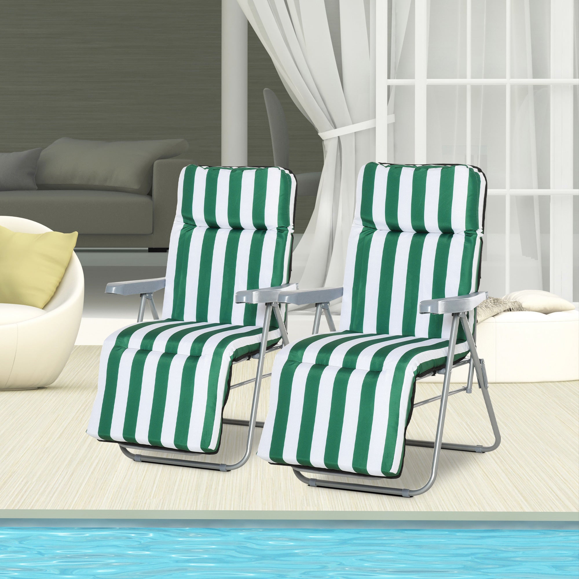 Set of 2 Adjustable Folding Sun Lounger Garden Bed in Green + White Steel