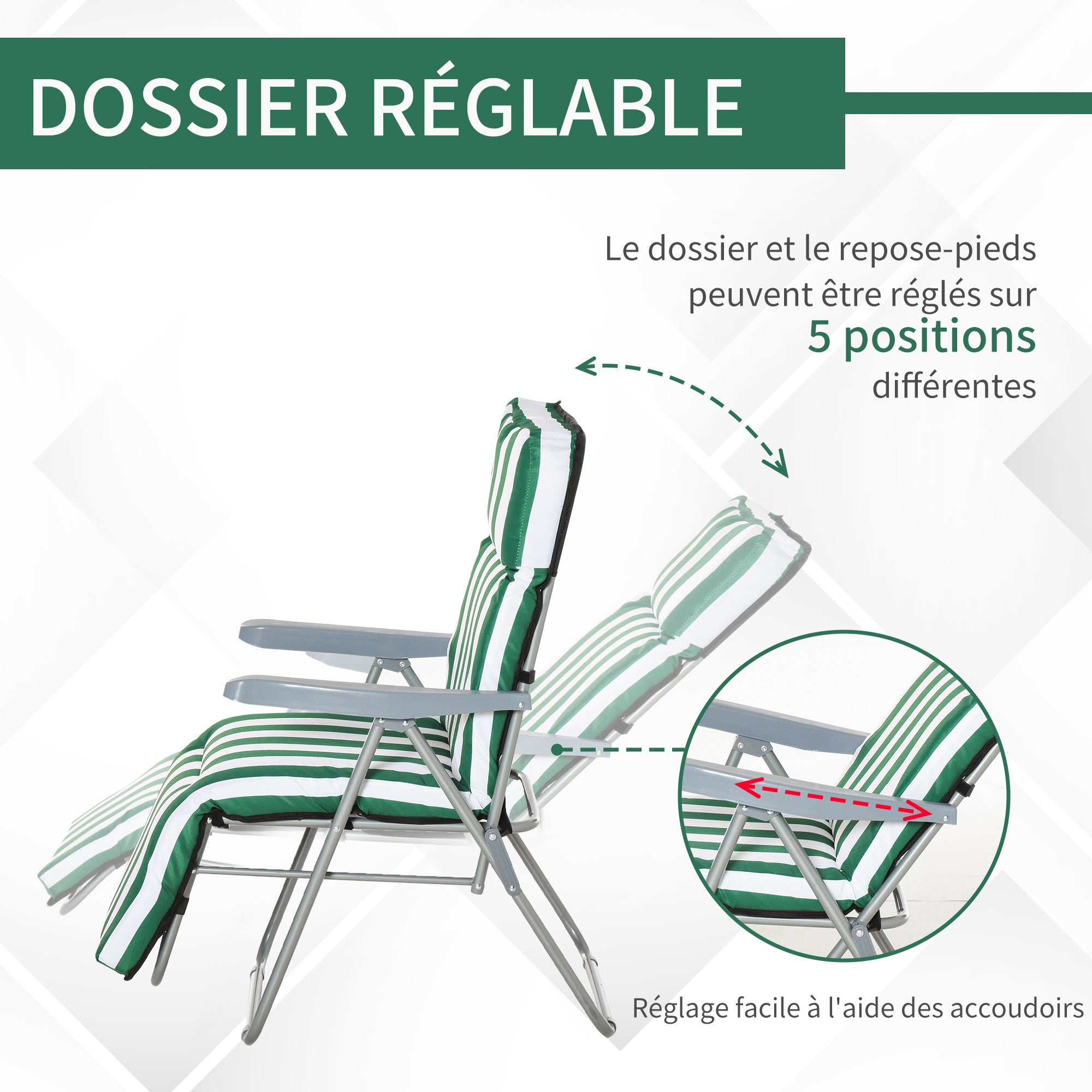 Set of 2 Adjustable Folding Sun Lounger Garden Bed in Green + White Steel