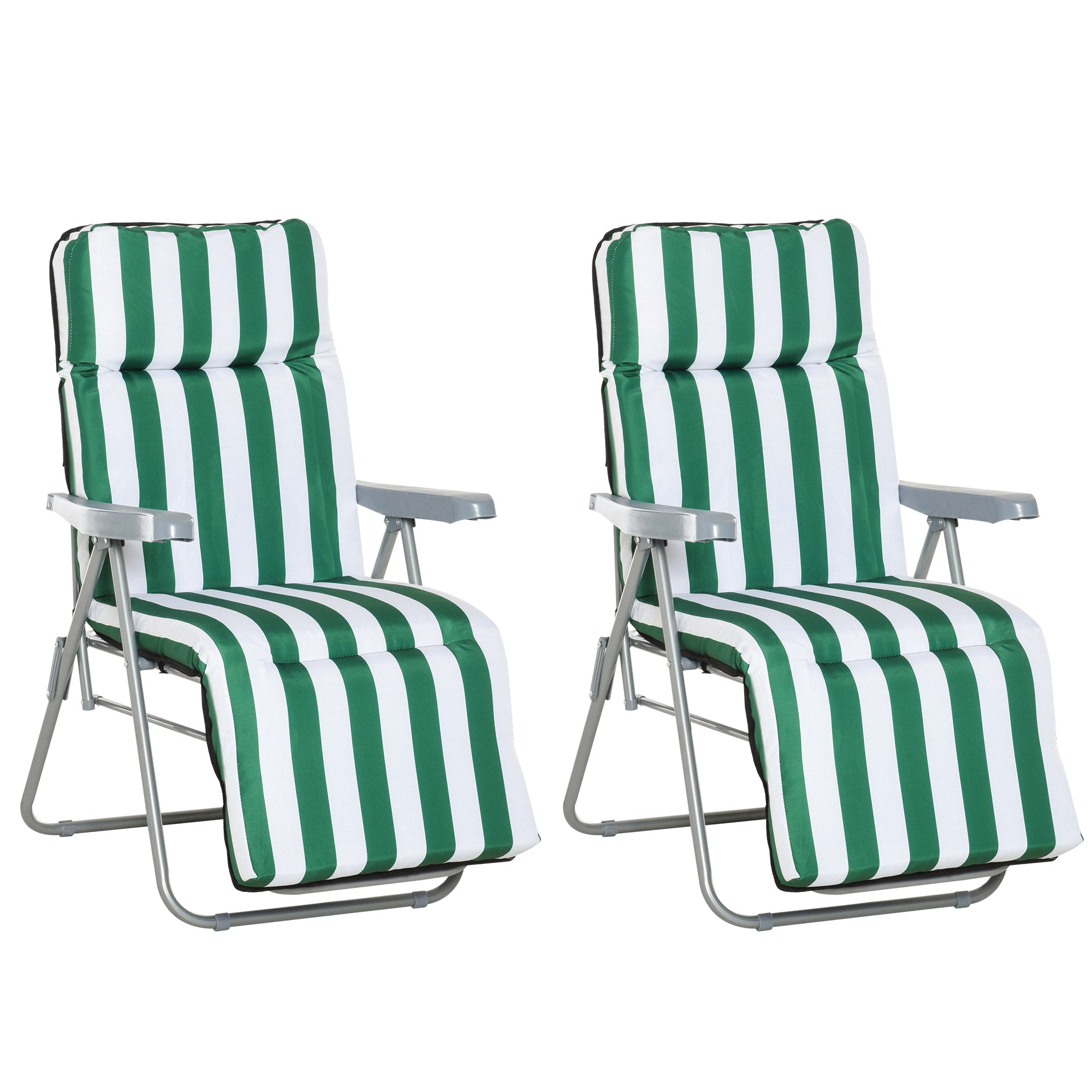 Set of 2 Adjustable Folding Sun Lounger Garden Bed in Green + White Steel