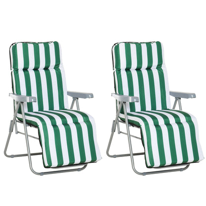 Set of 2 Adjustable Folding Sun Lounger Garden Bed in Green + White Steel