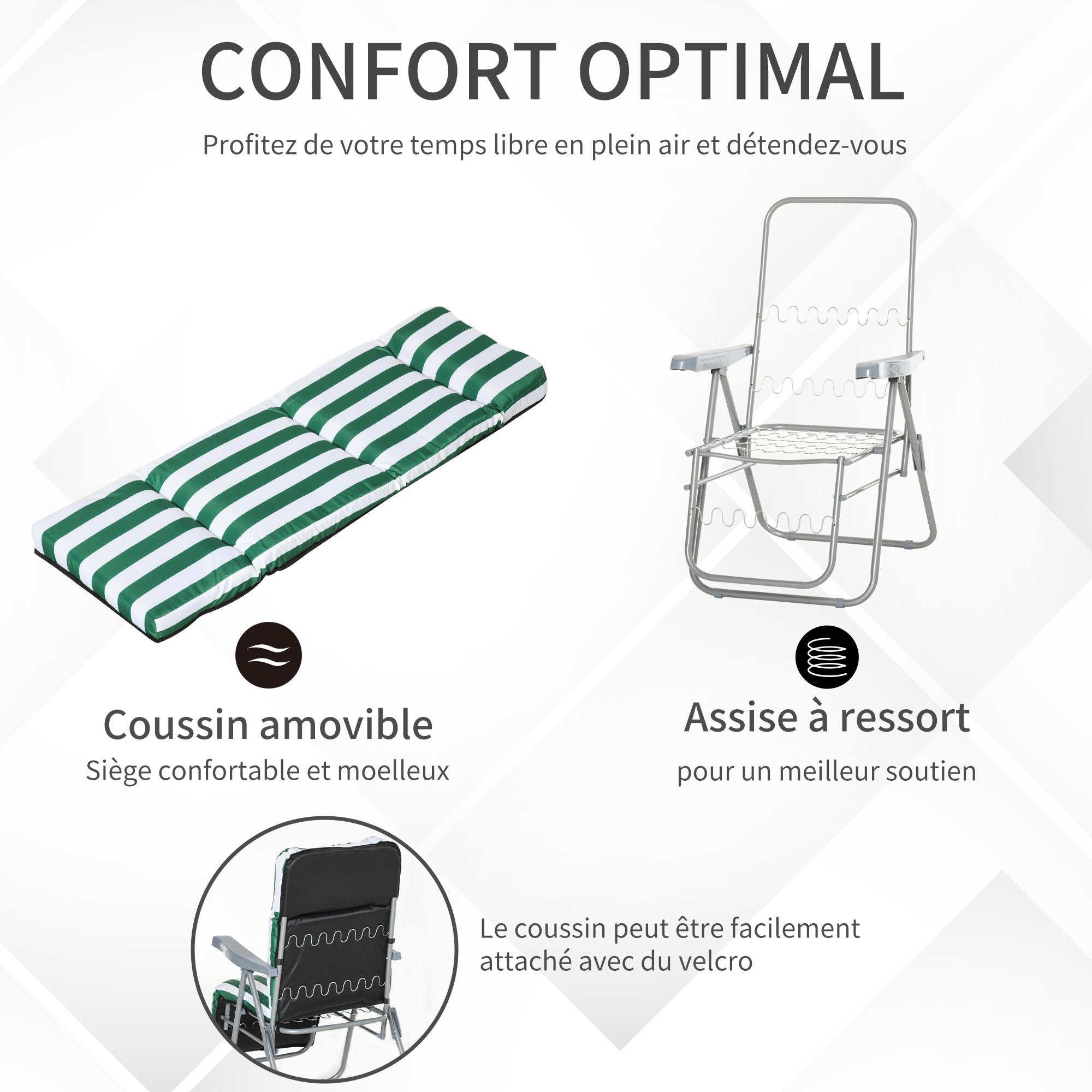 Set of 2 Adjustable Folding Sun Lounger Garden Bed in Green + White Steel