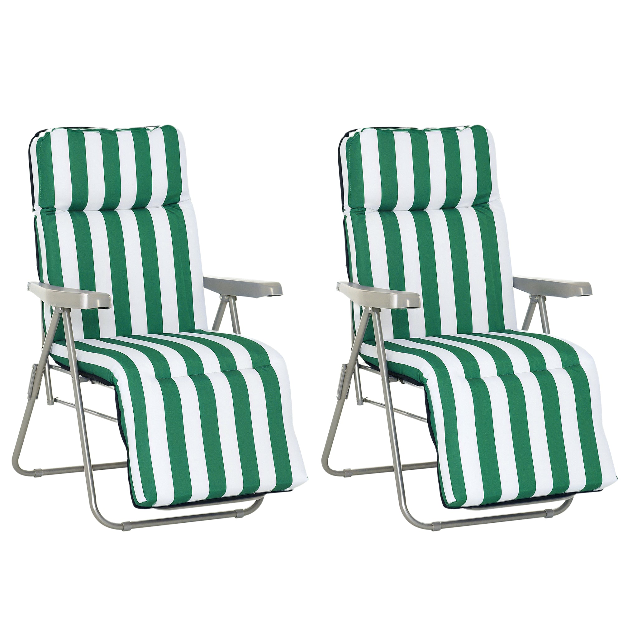 Set of 2 Adjustable Folding Sun Lounger Garden Bed in Green + White Steel