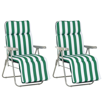 Set of 2 Adjustable Folding Sun Lounger Garden Bed in Green + White Steel
