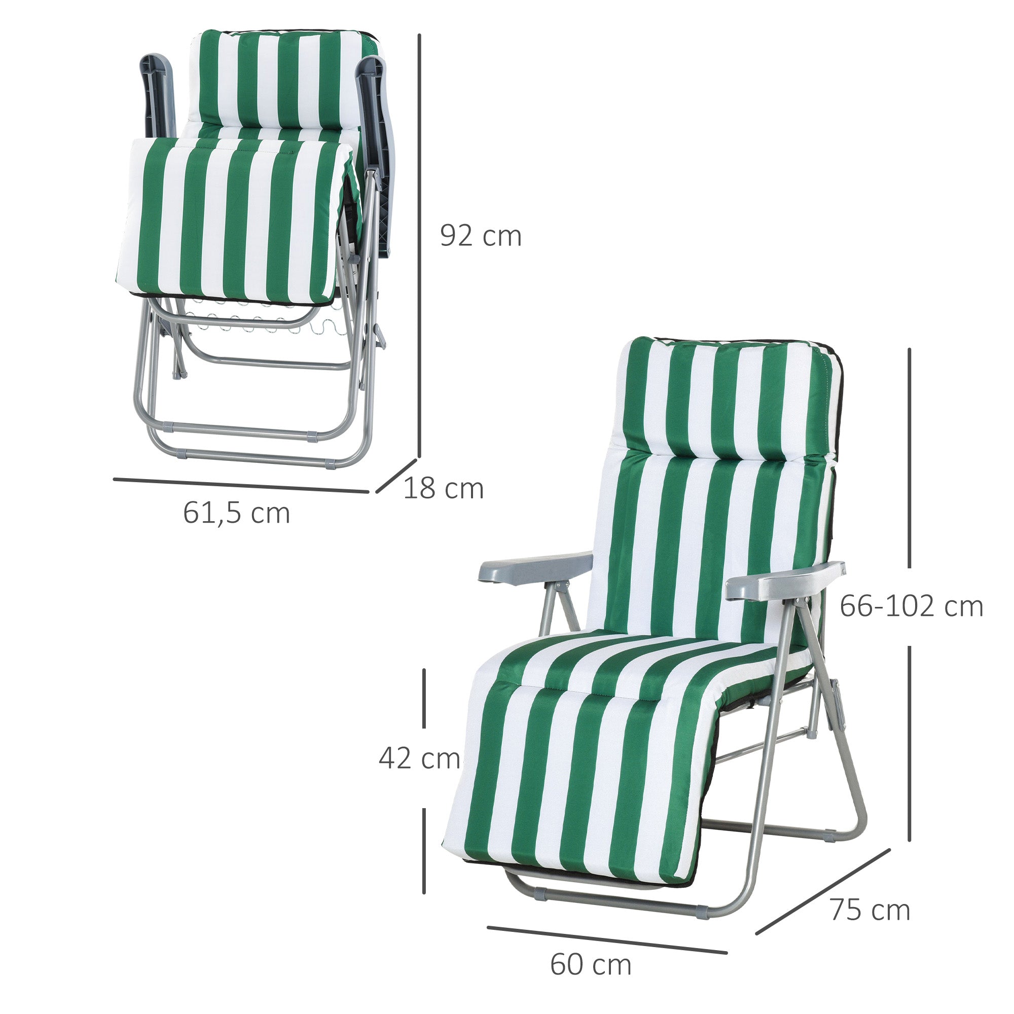 Set of 2 Adjustable Folding Sun Lounger Garden Bed in Green + White Steel