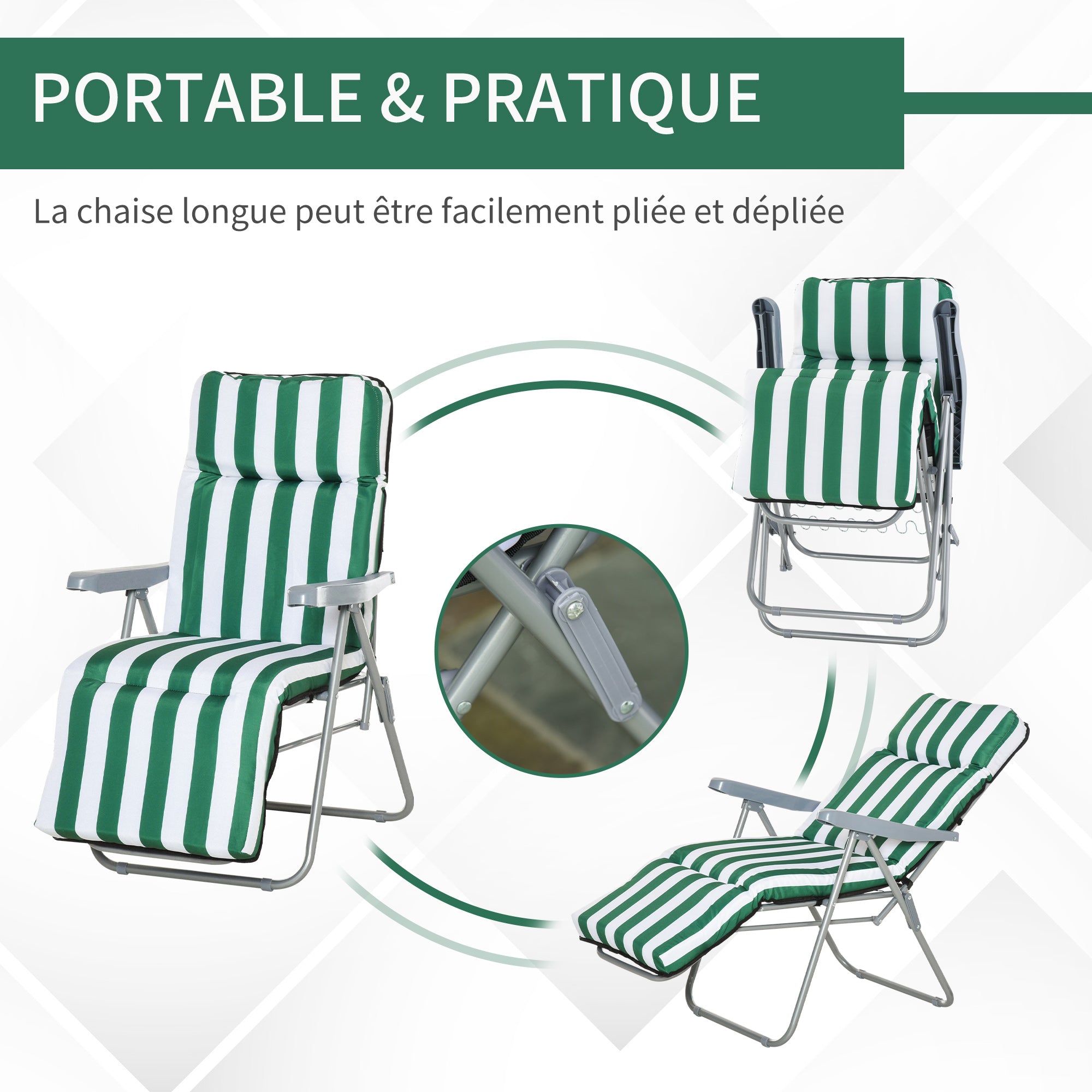 Set of 2 Adjustable Folding Sun Lounger Garden Bed in Green + White Steel