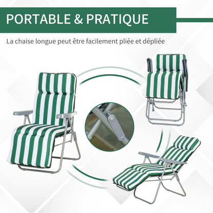 Set of 2 Adjustable Folding Sun Lounger Garden Bed in Green + White Steel