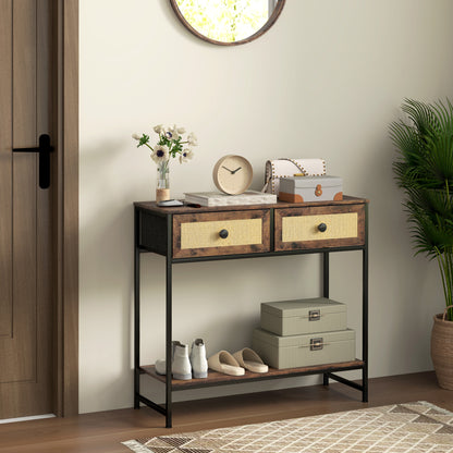 Console Table Entryway Table with Open Shelf and 2 Front Rattan Drawers Entryway Console Hallway 80x30x75 cm Rustic Brown