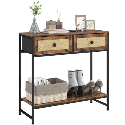 Console Table Entryway Table with Open Shelf and 2 Front Rattan Drawers Entryway Console Hallway 80x30x75 cm Rustic Brown
