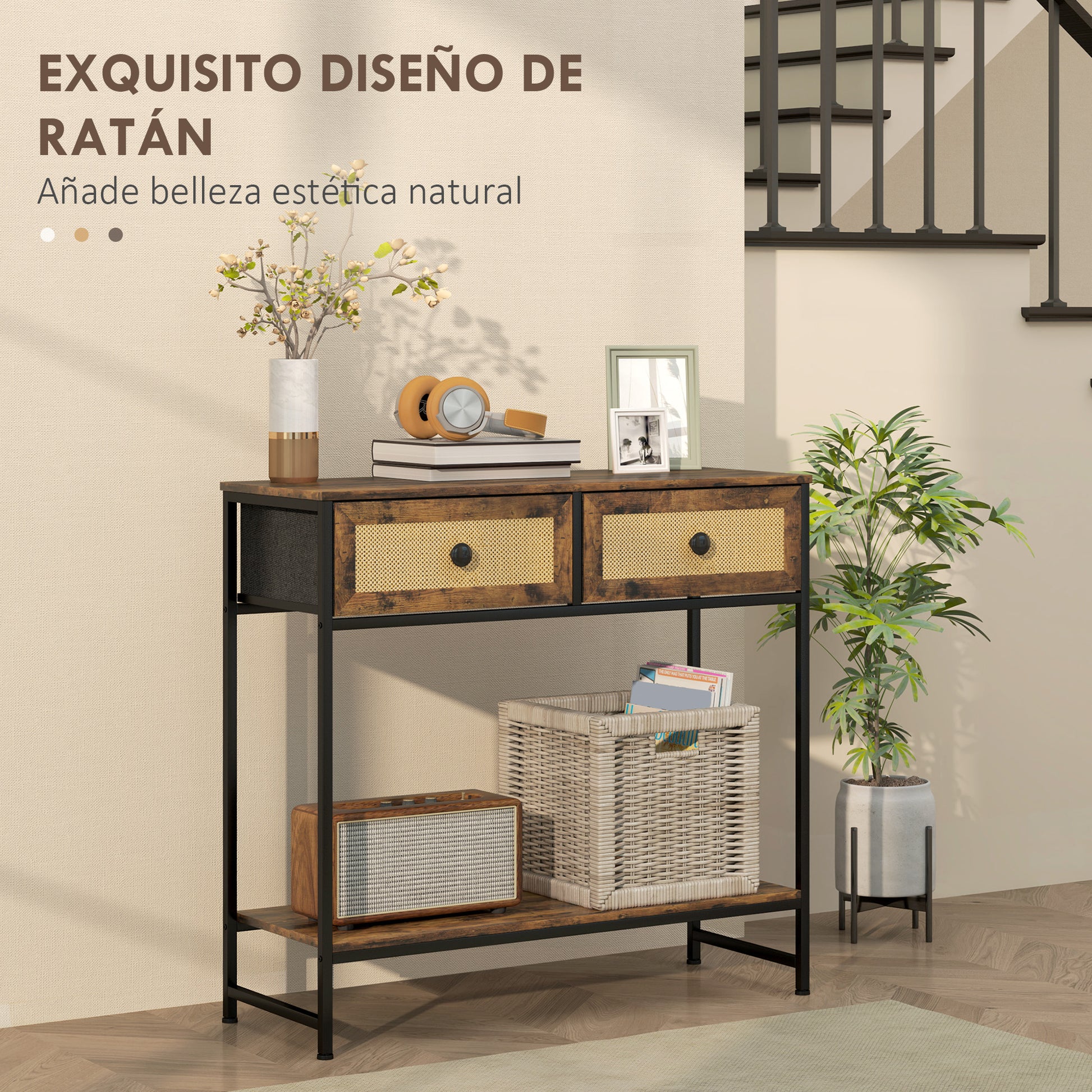 Console Table Entryway Table with Open Shelf and 2 Front Rattan Drawers Entryway Console Hallway 80x30x75 cm Rustic Brown