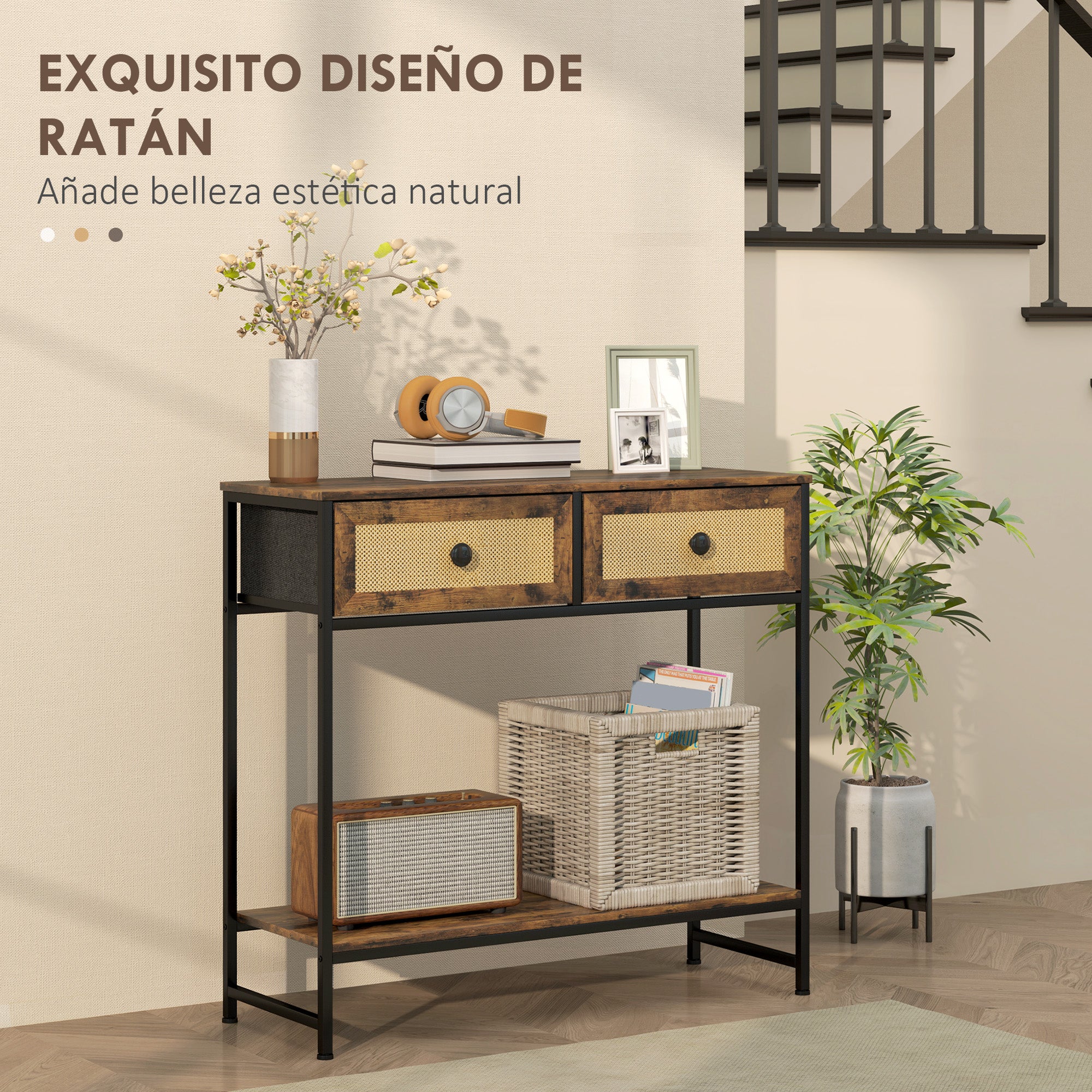 Console Table Entryway Table with Open Shelf and 2 Front Rattan Drawers Entryway Console Hallway 80x30x75 cm Rustic Brown