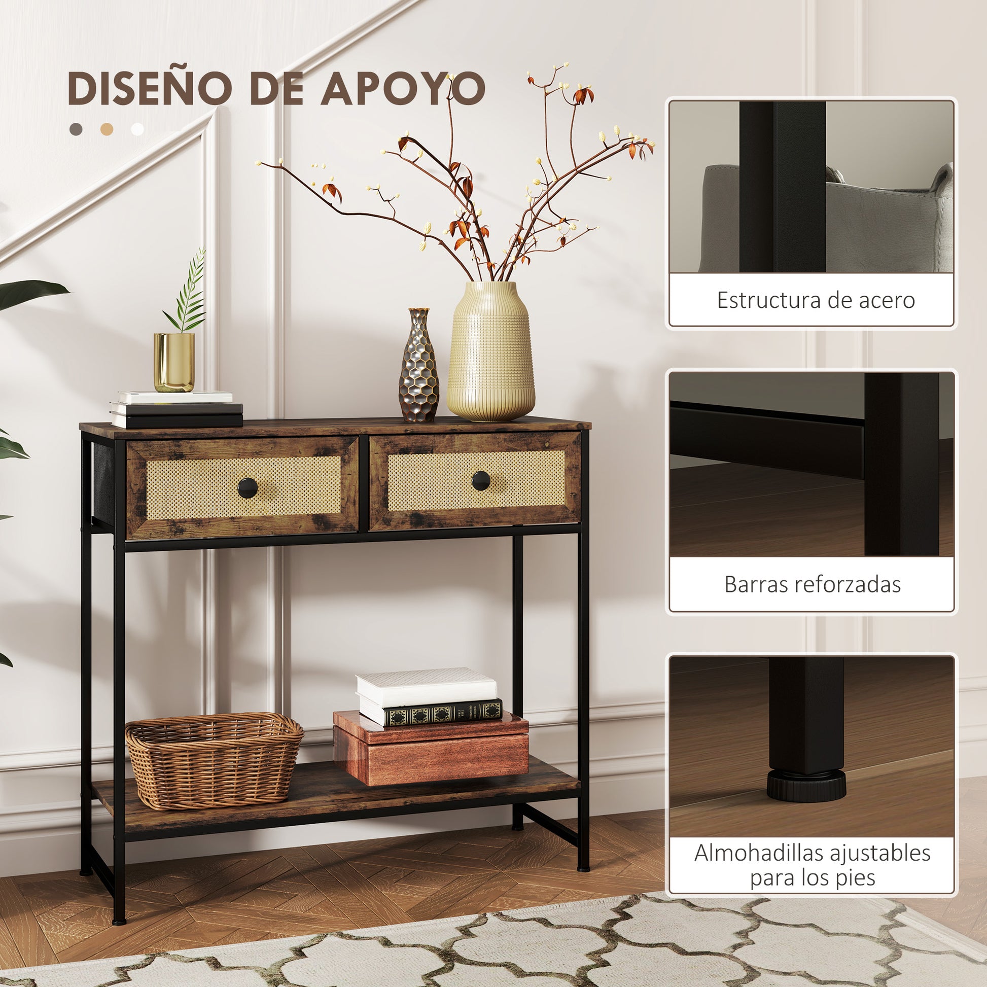 Console Table Entryway Table with Open Shelf and 2 Front Rattan Drawers Entryway Console Hallway 80x30x75 cm Rustic Brown