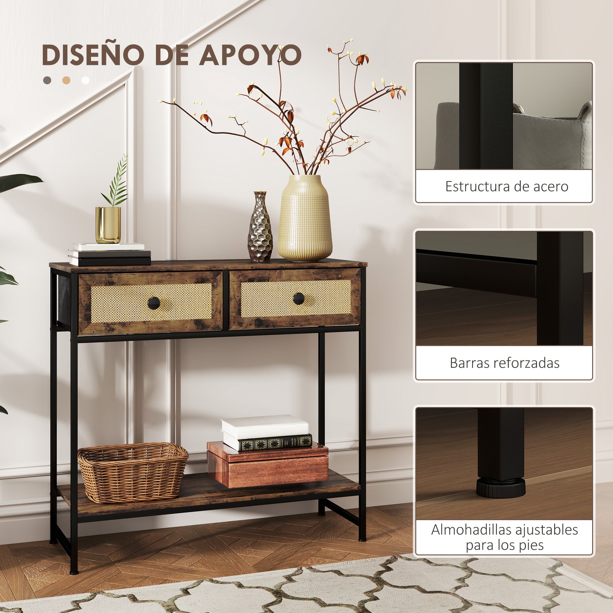Console Table Entryway Table with Open Shelf and 2 Front Rattan Drawers Entryway Console Hallway 80x30x75 cm Rustic Brown