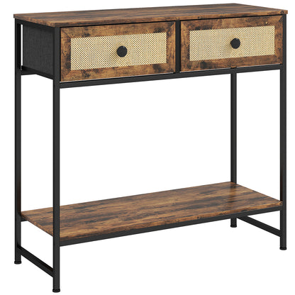 Console Table Entryway Table with Open Shelf and 2 Front Rattan Drawers Entryway Console Hallway 80x30x75 cm Rustic Brown