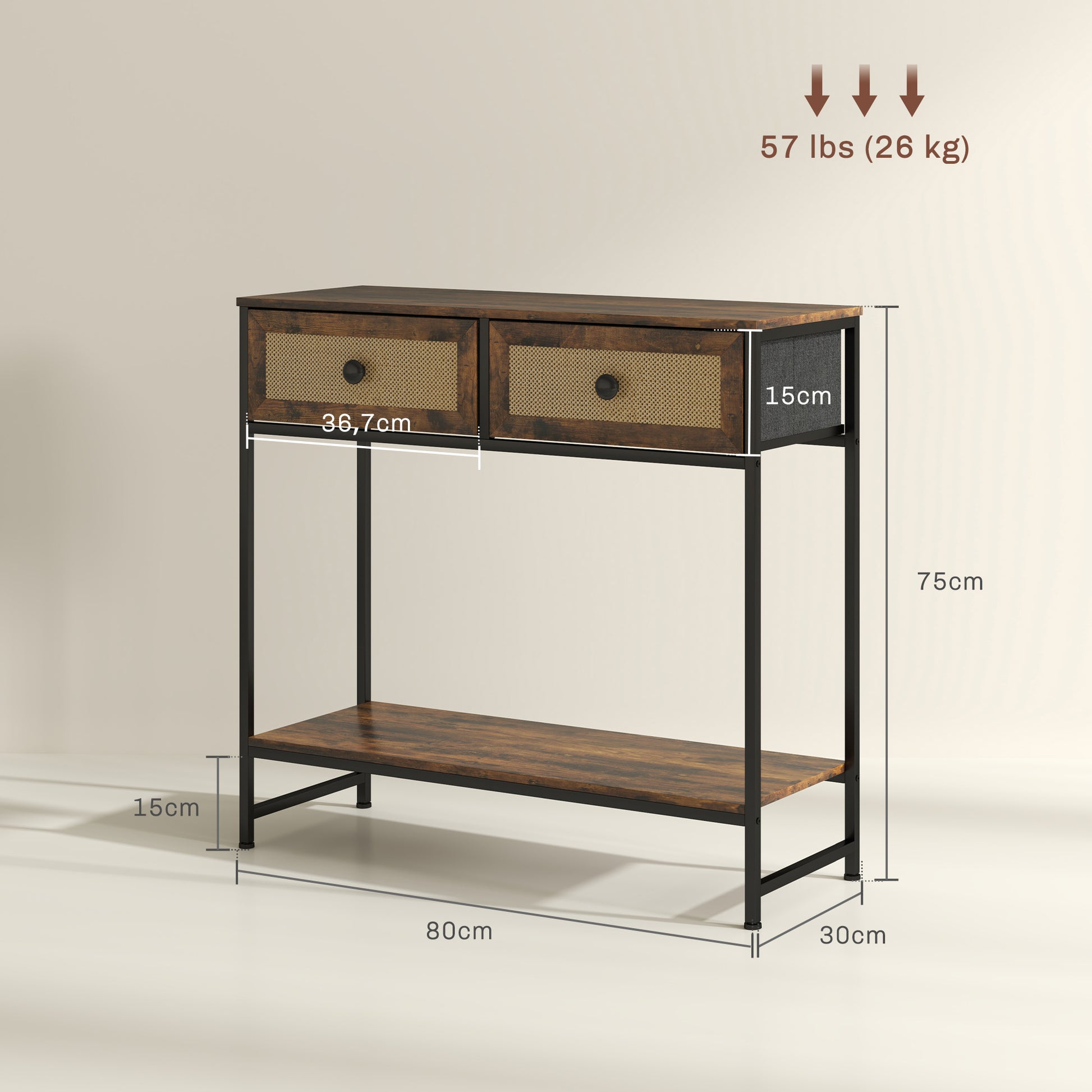 Console Table Entryway Table with Open Shelf and 2 Front Rattan Drawers Entryway Console Hallway 80x30x75 cm Rustic Brown