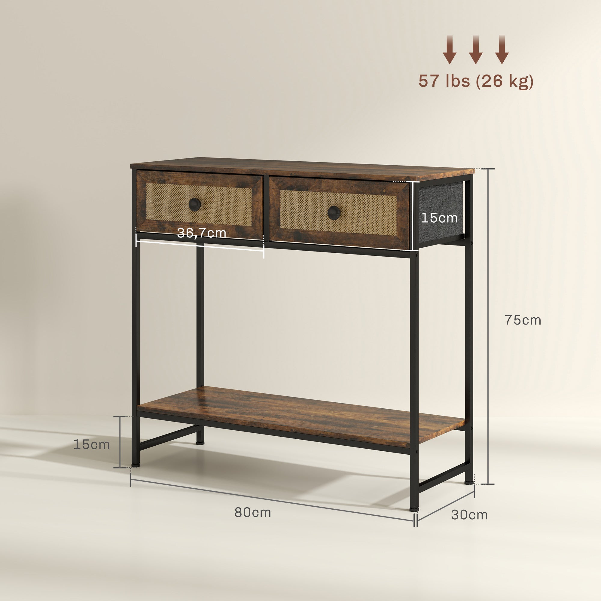 Console Table Entryway Table with Open Shelf and 2 Front Rattan Drawers Entryway Console Hallway 80x30x75 cm Rustic Brown