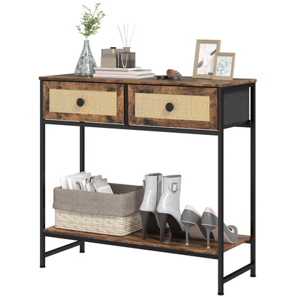 Console Table Entryway Table with Open Shelf and 2 Front Rattan Drawers Entryway Console Hallway 80x30x75 cm Rustic Brown