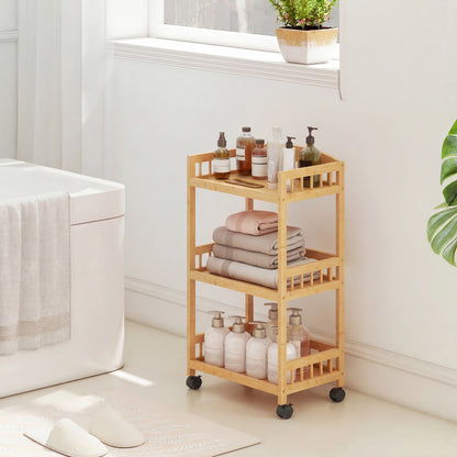 3-Tier Rolling Kitchen Cart — Bamboo Serving Trolley with Storage Shelves on Wheels, All-Purpose Rolling Cart for Kitchen, Bathroom, Office & Living Room, Natural Wood
